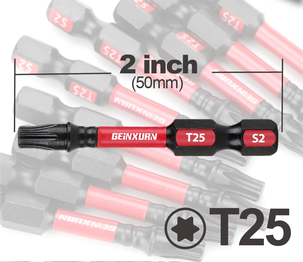 GEINXURN T25 2 In. Impact Tough Magnetic #25 Torx Head Power Bits, S2 Alloy Steel T25 Screwdriver Bits Set