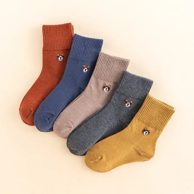 5pairs Solid Cute Bear Cotton Socks For Autumn And Winter