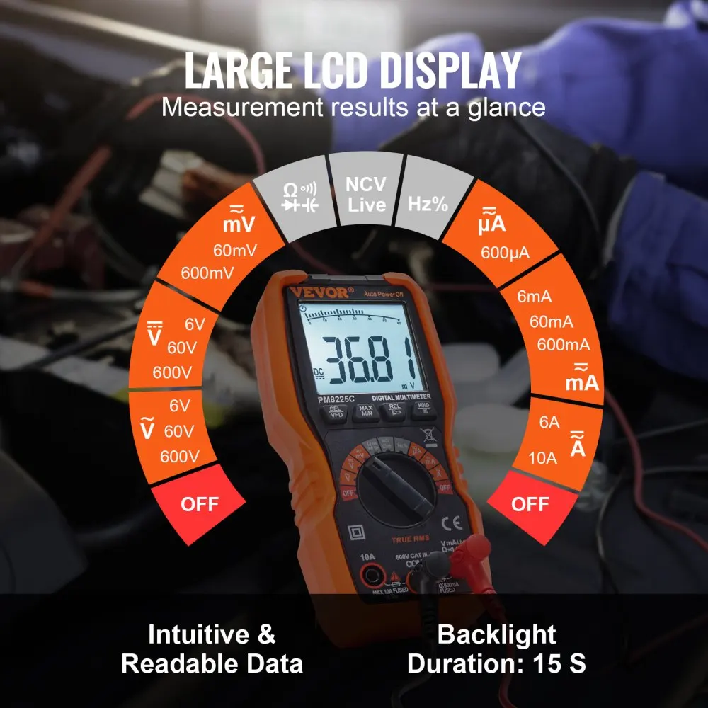 Imagem -03 - Vevor-multímetro Digital Tester com Sondas de Teste de Tensão Ncv Ohm Volt Amp Voltímetro