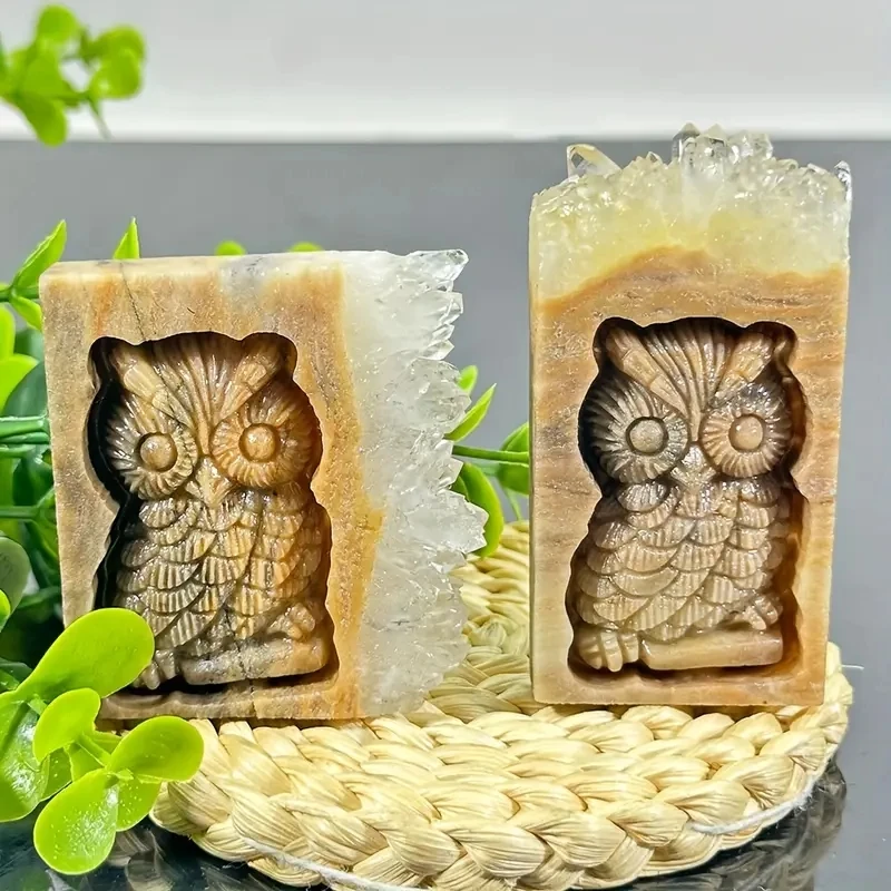 1pc Natural Crystal Cluster Owl Carving Handcarved Home Decor Halloween Decoration Quirky Elegant Gift Ideal For Any Occasion