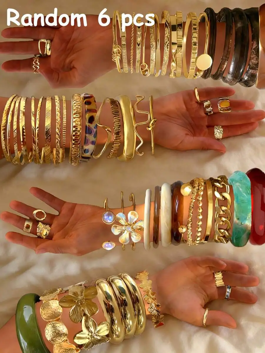 

Boho Vintage Metal Acrylic Resin Bracelet Set Random 6 Pieces For Women Men