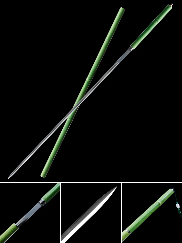 Espada Medieval Chinesa de Bambu Verde com Lâmina de Aço de Alto Manganês, Afiada, com Espiga Completa, Estilo Dragão Samurai Katana, para Decoração de Casa