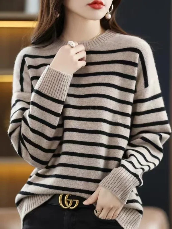 

Модный антивозрастной полосатый трикотаж, женский осенне-зимний свитер Base irt, новинка 2025 года, топ без скручивания, теплый Feat