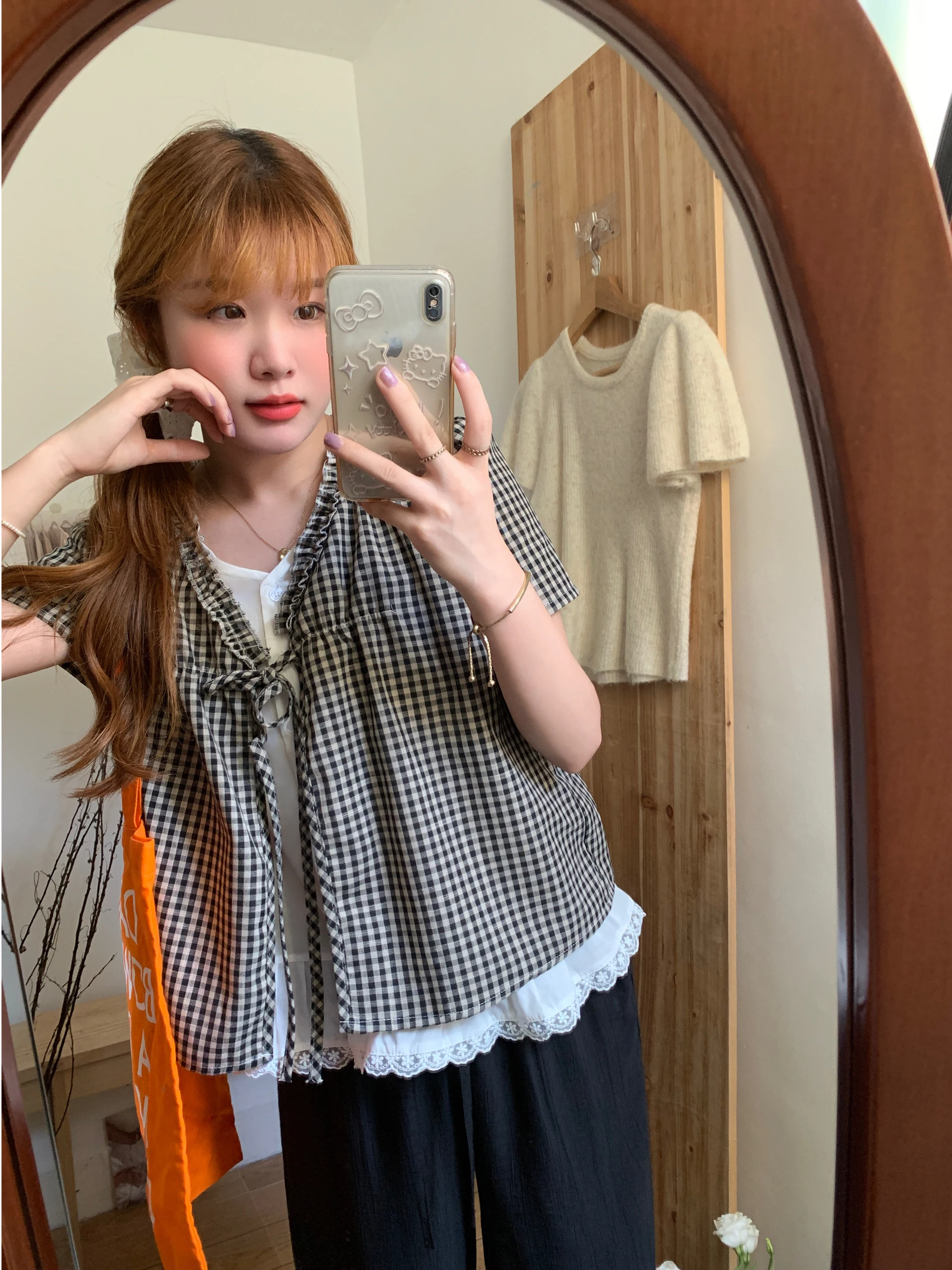 

Шелковая блузка с вышивкой и поясом, V-образным вырезом, в полоску, с коротким рукавом, женская, летняя, свободного кроя, в корейском стиле, для повседневной носки