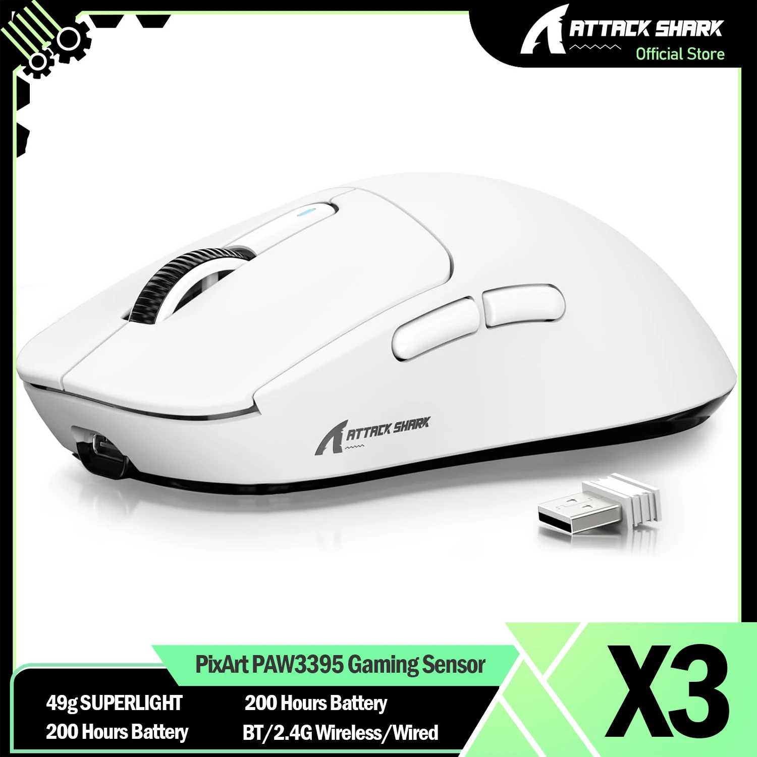 ATTACK SHARK X3 Wireless Gaming Mouse PixArt PAW3395 49g SUPERLIGHT, BT/2.4G Wireless/Wired, 6 Adjustable DPI up to 26000