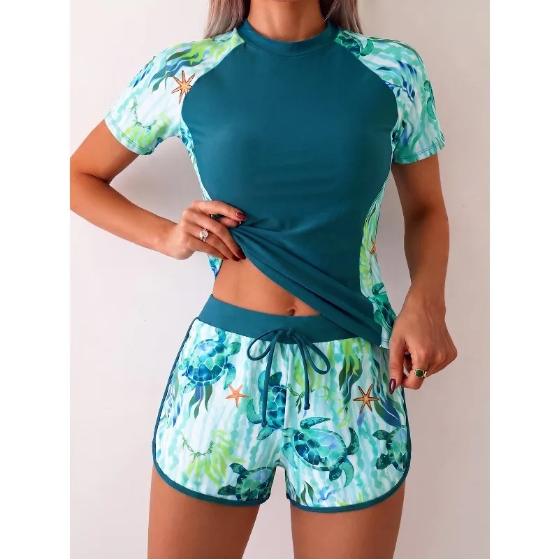 Stylish Print Bathing Suit Women Short Sleeve Split Surfing Suits High Waist Two-piece Beachwear Summer Swimsui Lady Swimwear