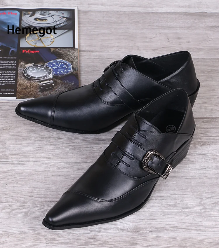 Black Lace Buckle Pointed Men's Leather Shoes Casual Daily Heightening Youth Hair Stylist Breathable Shoes Genuine Leather Shoes