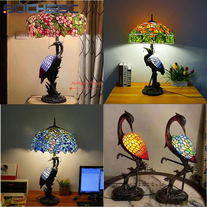 

BOCHSBC Tiffany style stained glass American crane retro desk lamp for bedroom bedside lamp living room dining room LED decor