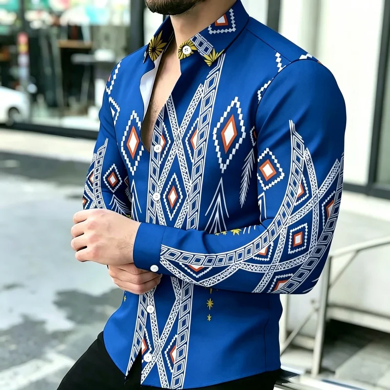 

2026 new men's shirt geometric print long sleeved shirt retro ethnic style slim fit shirt personality trend casual men's S-6XL