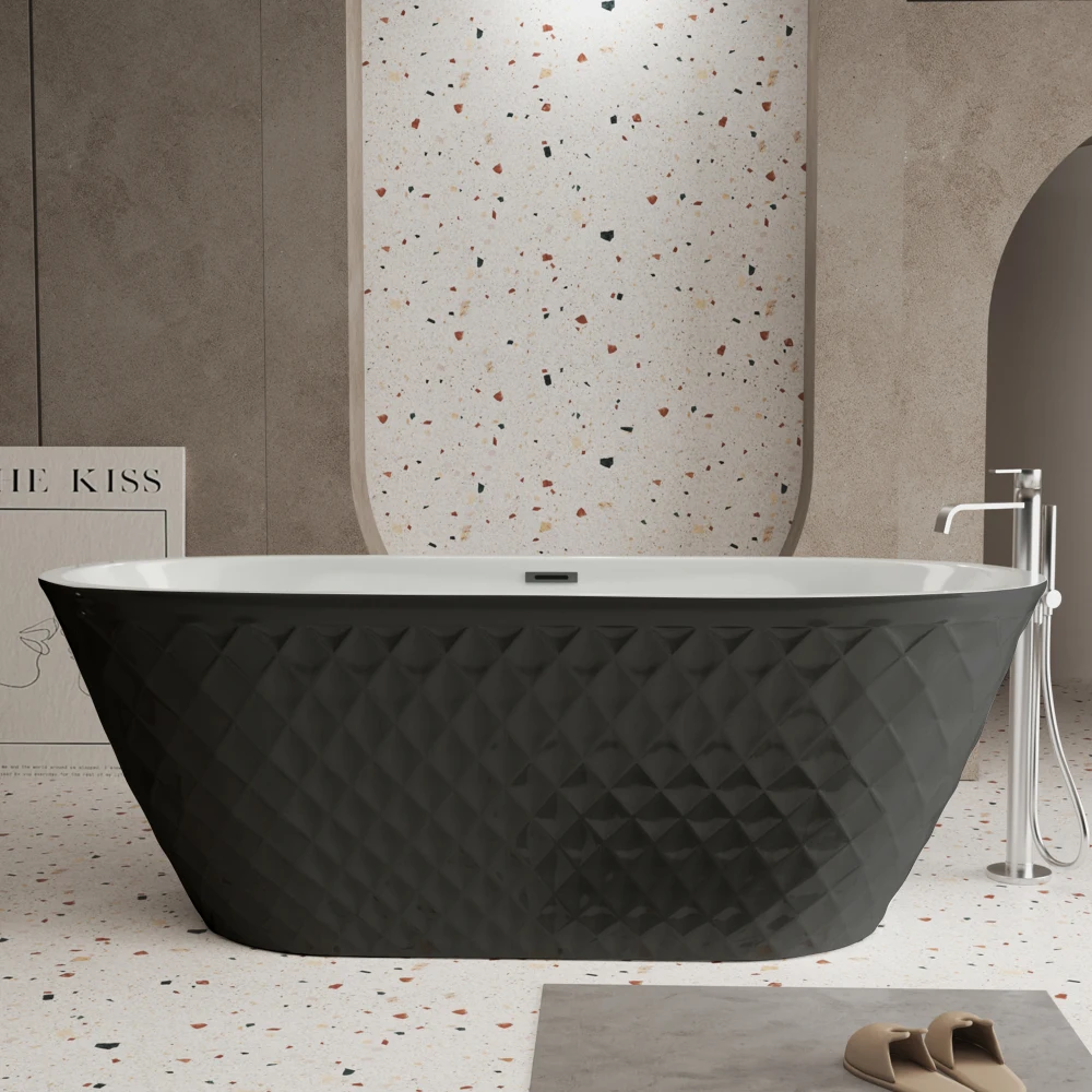 

Отдельностоящая акриловая ванна 67 дюймов: ромбовидный узор, черный, светильники из матового никеля, сертифицированная CUPC