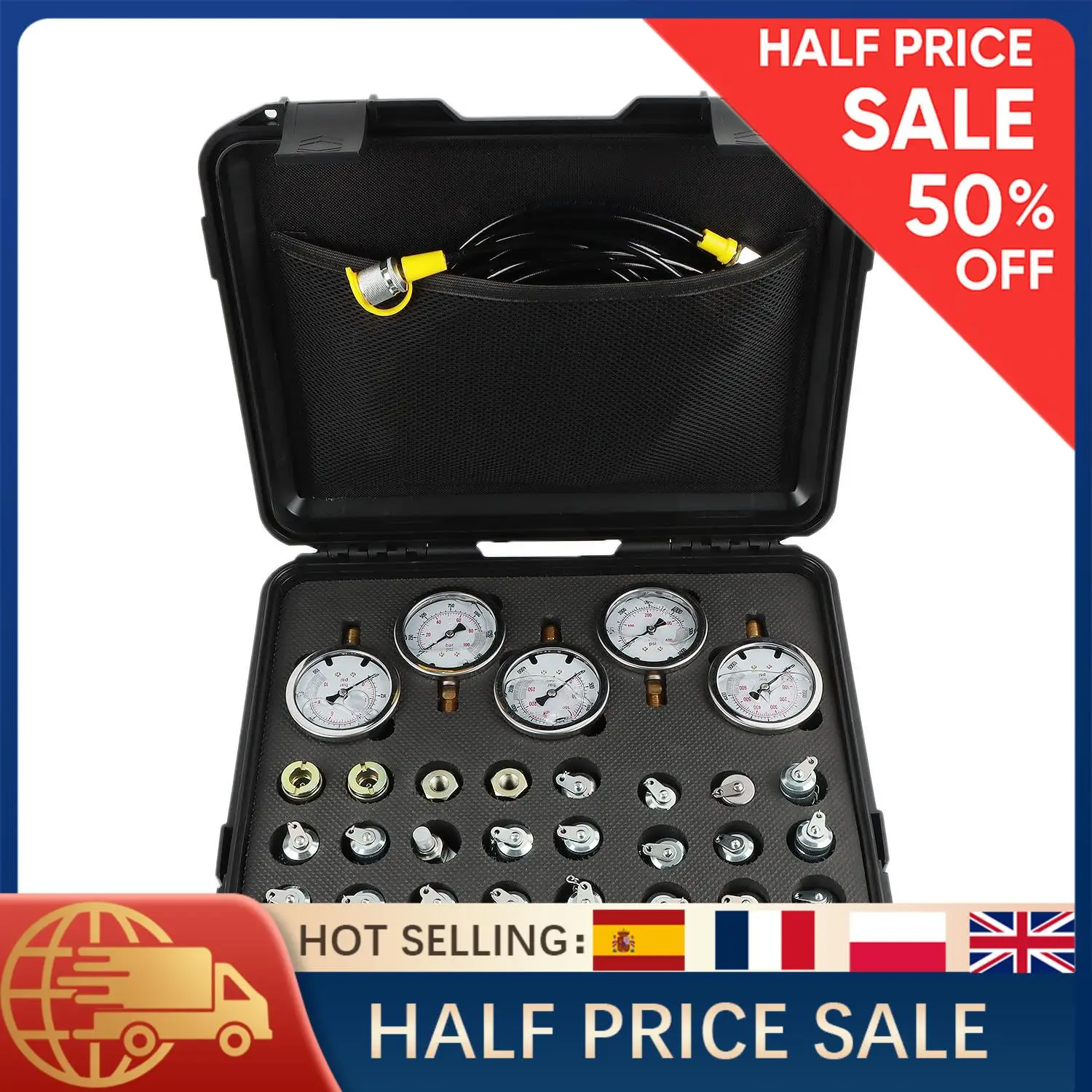 

1 шт. комплект для проверки гидравлического давления с 5 маномерами 1 10 25 40 60 МПа + 24 муфты + 31,64 м + шланг 13 м