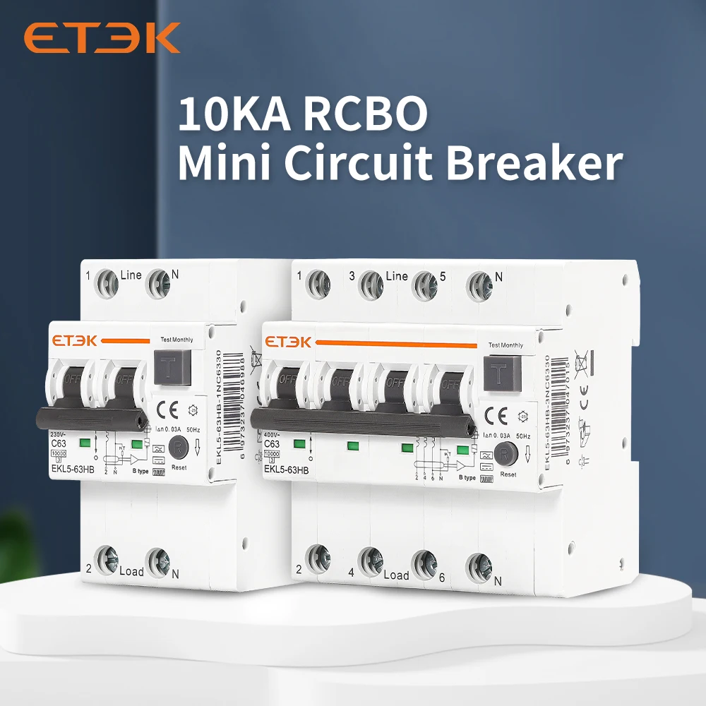 ETEC Type B RCBO Residual Automatic Circuit Breaker 10KA 3P+N 4P 40a 63a Over Current Leakage Protection 30mA EKL5