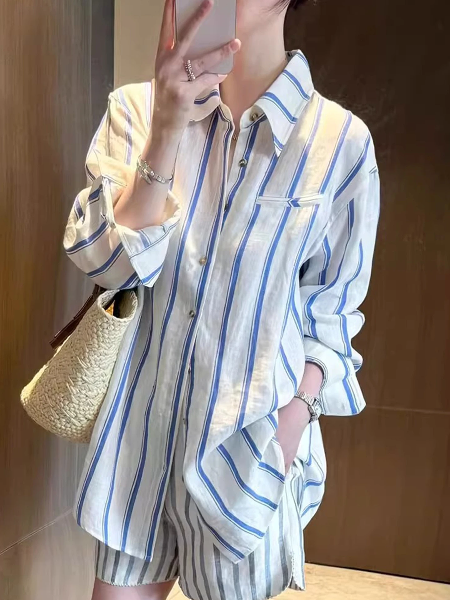 

Fre контрастного цвета в полоску, длинная све irt, летняя свободная корейская блузка для поездок на работу, антивозрастной шифоновый топ для женщин