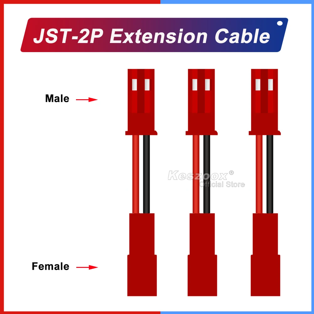 Tcenofoxy JST 2Pin Red Extension Wire Connector 20-100cm Male Female Terminal Jack DIY Electrical Cable For RC BEC Battery