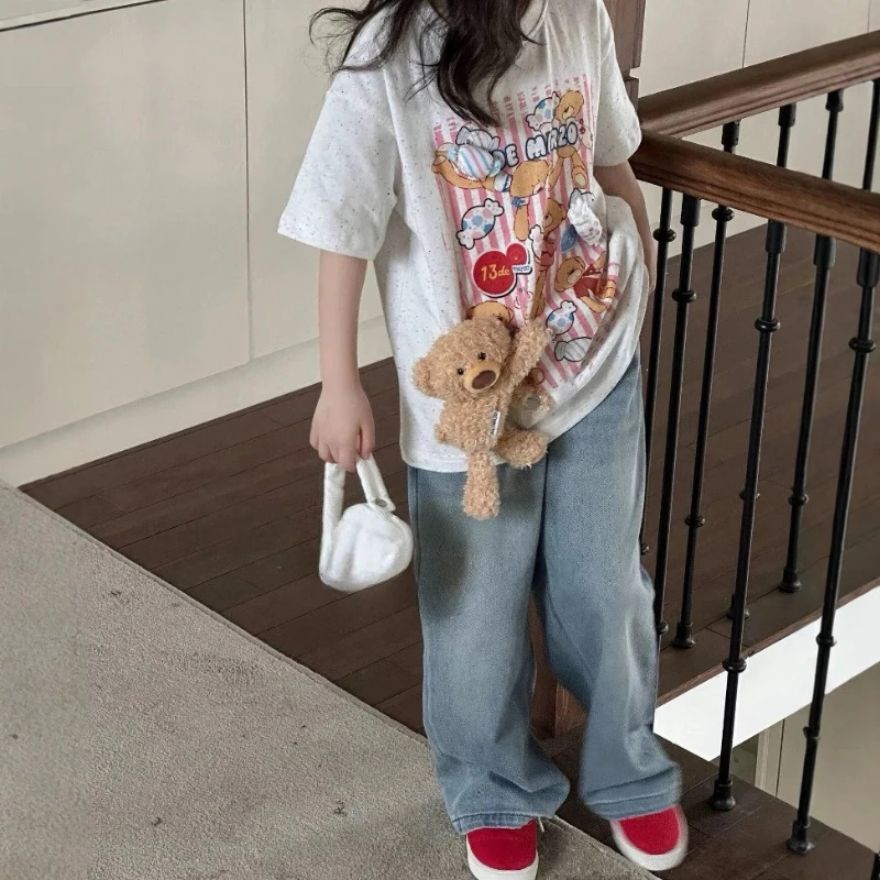 

2025 Summer New Children's Elegant Bear Pattern Full Print and Bear Doll Decoration Short Sleeve Top