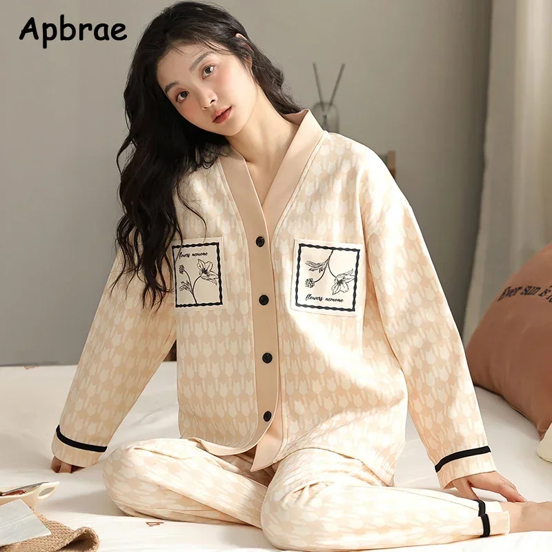 Autumn Winter Japanese Kimono Women Pajamas Sets Cotton Long Sleeves Home Wear Casual Pijamas V-neck Woman Sleepwear