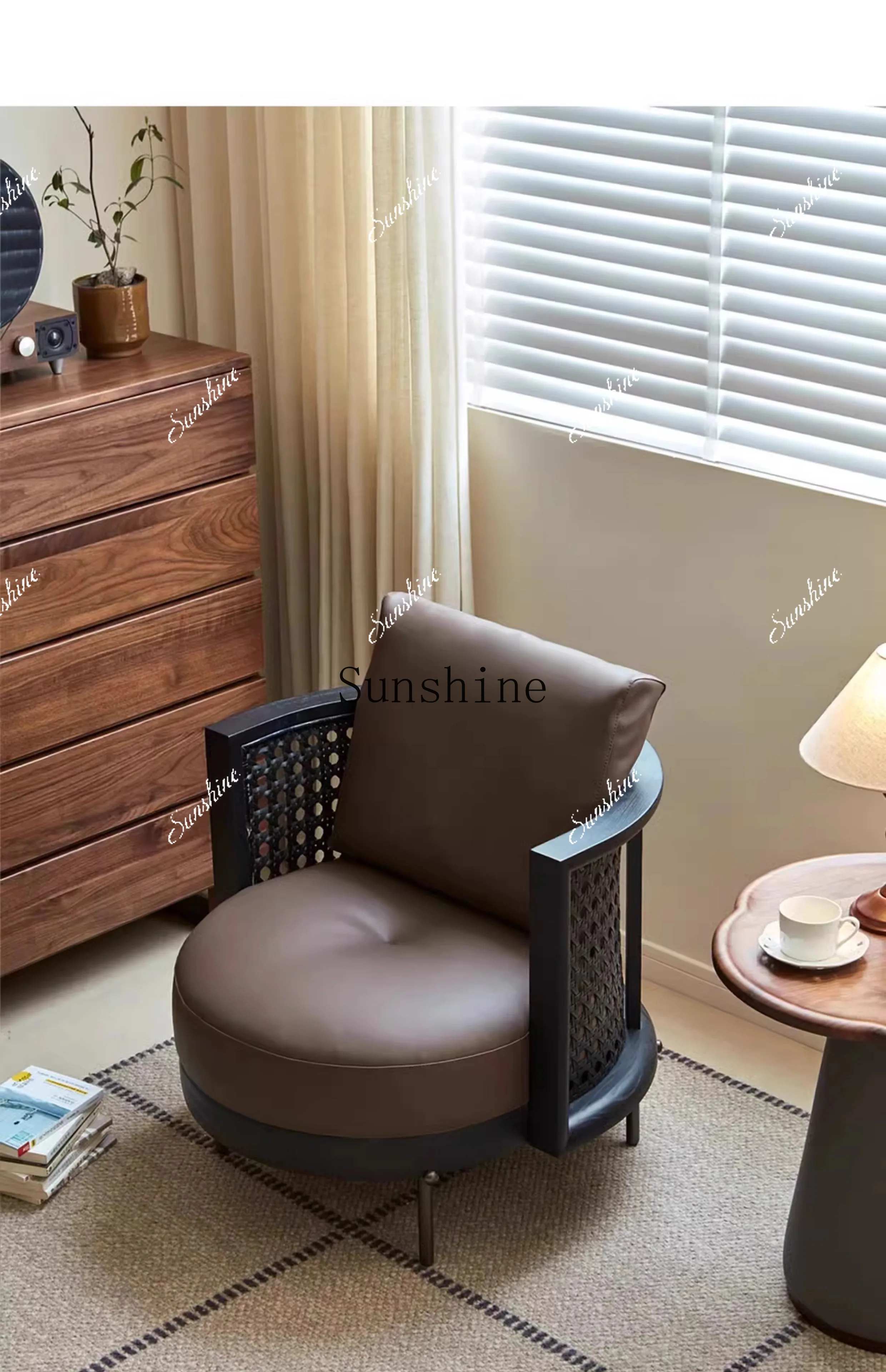American retro solid wood leather living room bedroom rattan comfortable single sofa chair  FT