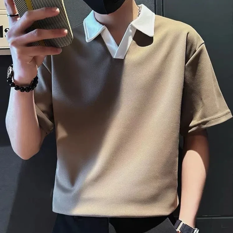 New Summer High-end Lapel Short-sleeved T-shirt for Men's Trendy and Handsome Fashion Contrasting V-neck Korean Polo Shirt