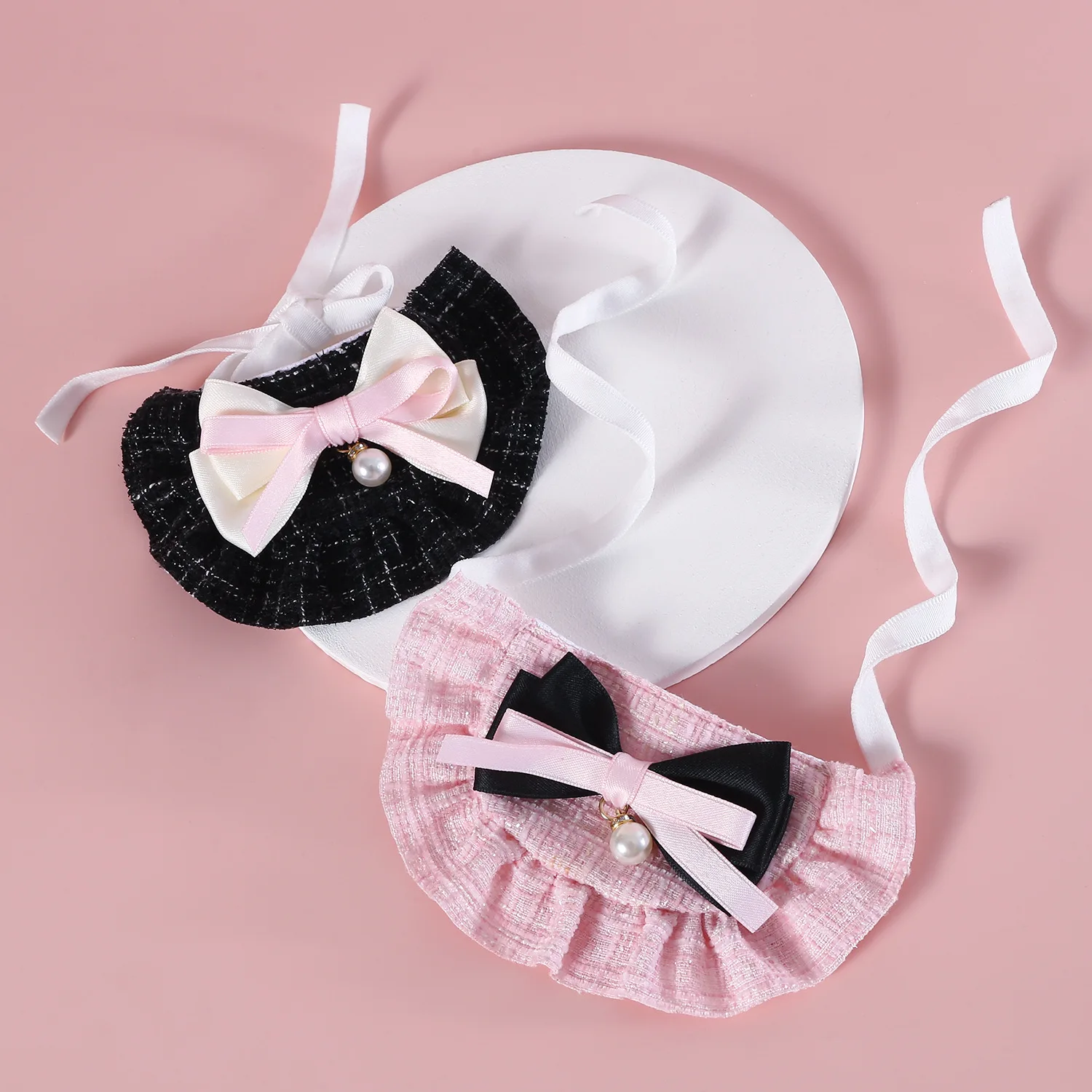 Haustier Katze Strickmütze Set Prinzessin duftende Baskenmütze Perle Schleife Blume Hund Hüte Paddel Set für Teddybär Welpen Katze Party Dress Up – Detail 5