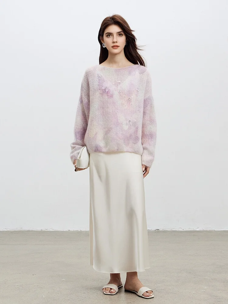 SuyaDream、女性用プリントプルオーバー、羊毛セーター、ビーズ、ラウンドカラー、2025秋冬ファッショナブルなトップス、グリーン、パープル