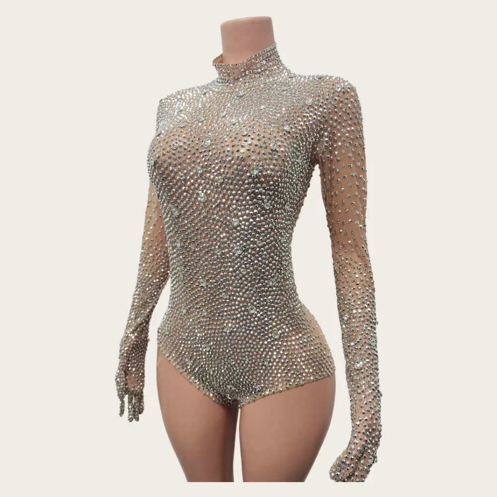 Vestidos Fashion Crystals Shiny Bodysuit Sexy Birthday Party Costume Stage Show Jumpsuits Nightclub Prom Long Sleeve Bodysuits