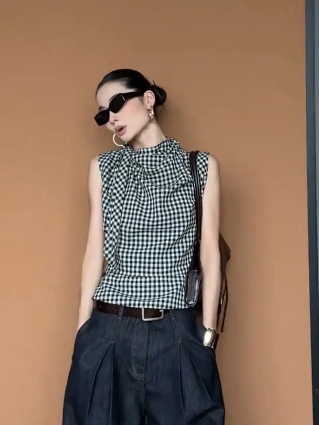 Fashionable Plaid Sash Vest Women's Sleeveless Top Summer 2026 Design Sensual Style Outerwear Casual Outfit Versatile