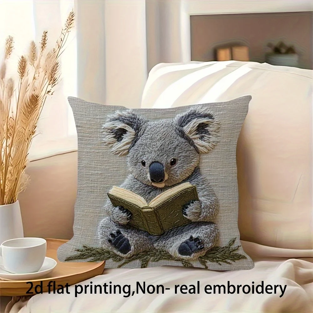2D Flat, 1pc Super Soft Pillow Case- Koala Reading Design, Non-Realistic Embroidery,  for Sofa, Living Room, Bedroom Decoration