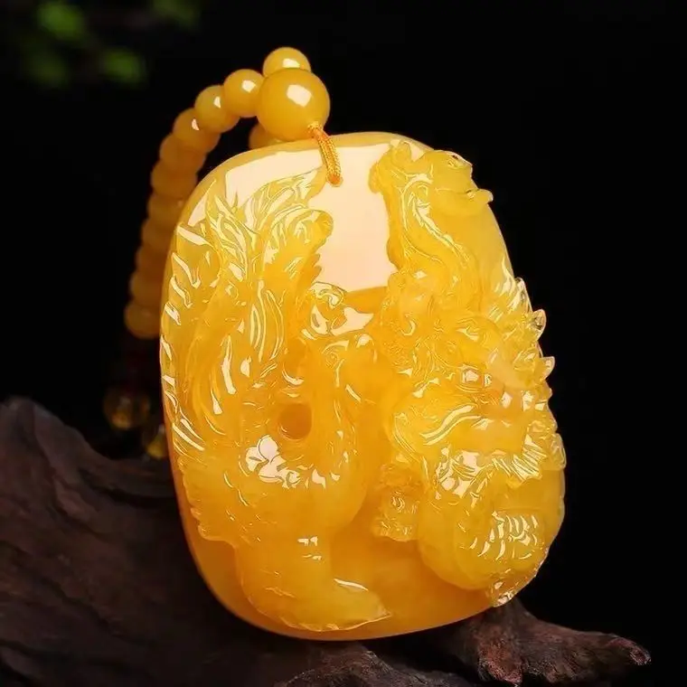

Beeswax Dragon and Phoenix Carving Pendant Dragon Brand Chicken Oil Yellow Amber Sweater Chain Pendant Men's and Women's