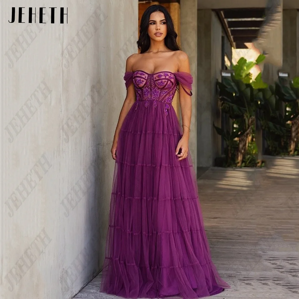 

JEHETH Purple Evening Dresses For Woman Sweetheart Off Shoulder Prom Party Gowns Tulle A-Line Applique فساتين سهره فاخره 2023