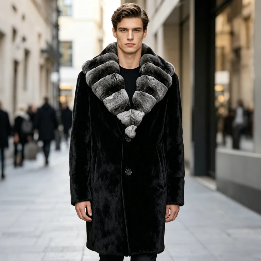 Long Black Rabbit Fur Coat With Chinchilla Fur Collar Real Rex Rabbit Coat Furry Jacket Luxury Men's Winter Jacket