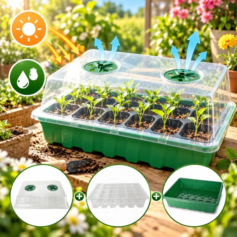 10 Pieces Seed Starter Trays with Clear Humidity Dome, 3-Piece Seedling Propagation Kit, Ventilated Seed Tray for Garden Plants