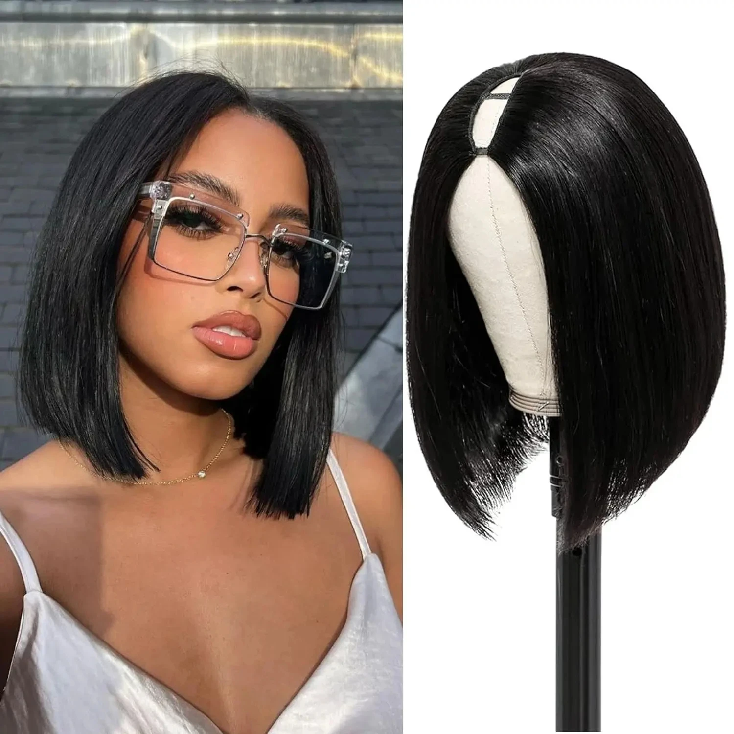 

V Part Short Bob Human Hair Straight Wig For Women Brazilian 100% Human Hair U Part Full Machine Made Cheap Hair Clearance Sale
