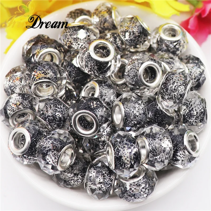 10Pcs 14mm Cut Shape Black Color Glitter 5mm Large Hole European Glass Beads for Necklace Women Bracelet Hair Bridals Garden Pen
