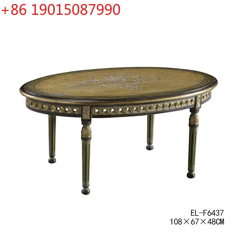 

N European-Style Rural Luxury Solid Wood Handmade Hollow Carved Coffee Table French Retro Hand Painted Oval Tea Table