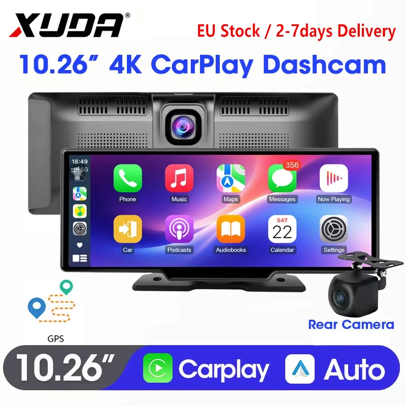 XUDA 10,26' 4K Dashcam Auto-DVR Kabelloses Carplay Rückfahrkamera Android Auto GPS-Navigation Dual-Bluetooth-Recorder Auto-Zubehör
