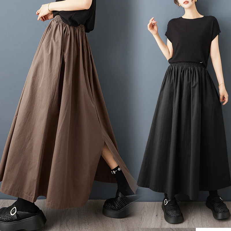 

Summer New plus Size Women's Loose A-Line Midi Skirt Pure Cotton Full Flounce Black Umbrella Skirt Commute Style Gathered mid...