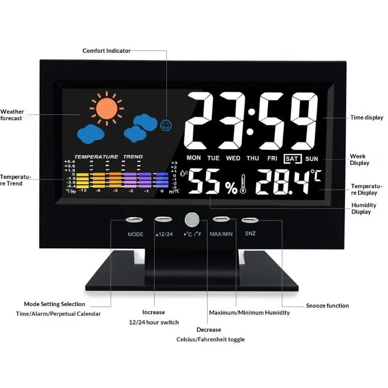 Multifunctional LCD Weather Station Clock Indoor  Hygrometer With Calendar For Home Office