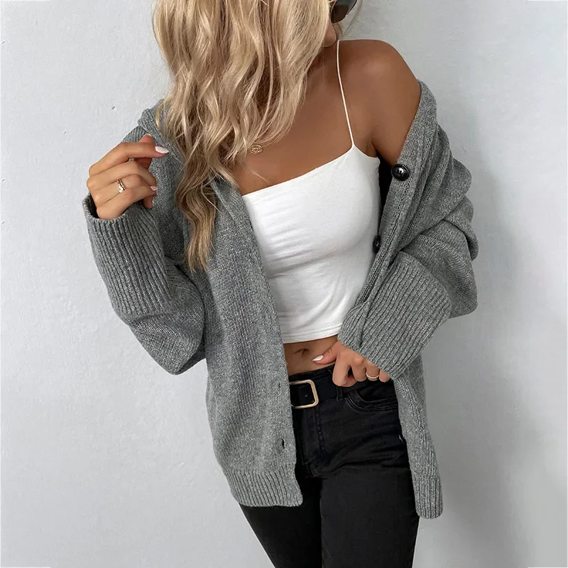 Fashion Cardigan Women Knitted Sweater Casual Single Breasted Comfortable Solid Color Hooded Drawstring Streetwear Autumn Winter