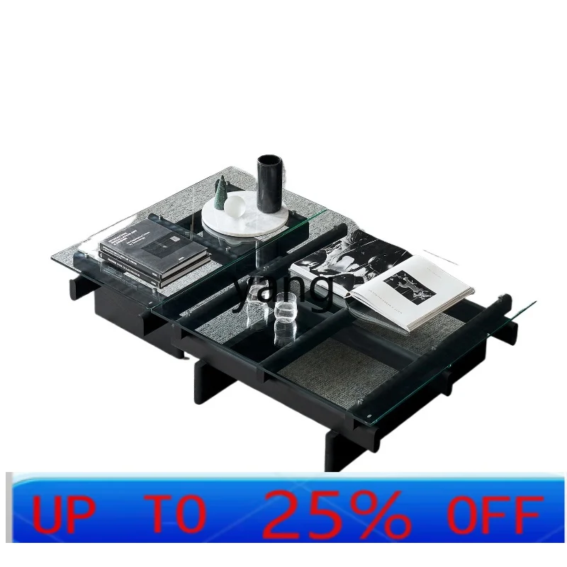 LTT black oak modern simple tea table living room solid wood glass tea table
