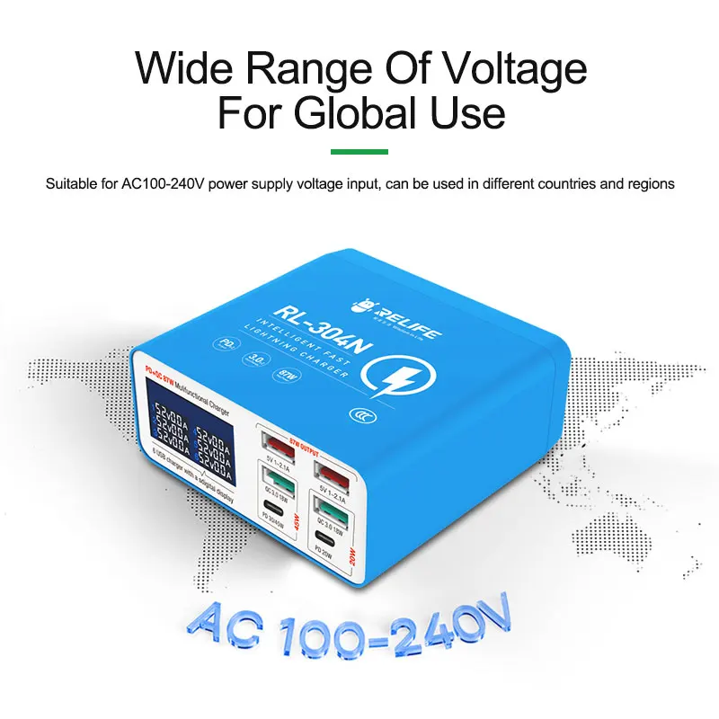 

Relife RL-304N Power Bank 87W Efficient Fast Charge No Adapter Required Super Porous Smart Digital Display 6 Port Charger