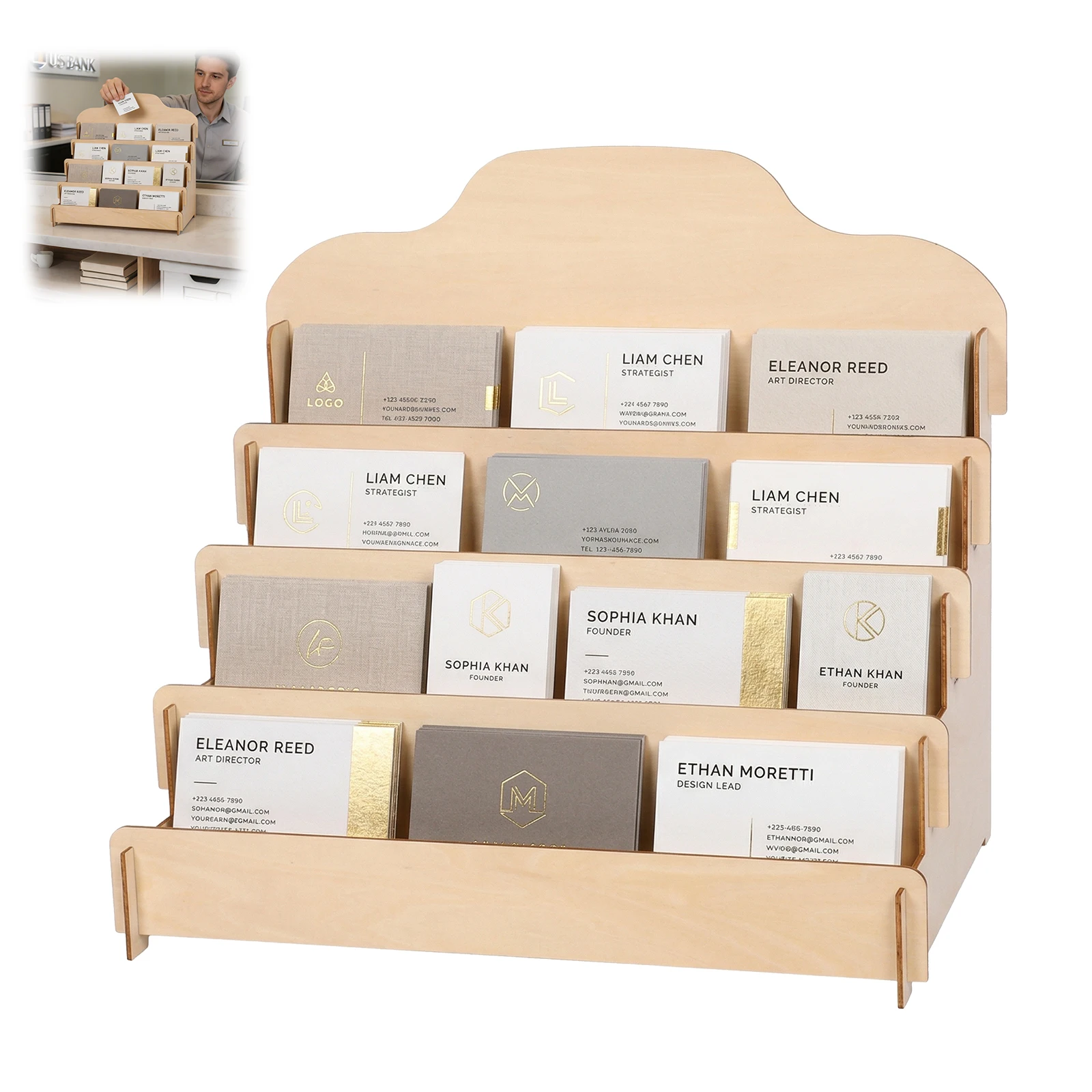 4-lagiger Grußkarten-Präsentationsständer aus Holz, Visitenkartenhalter, multifunktionaler Prospektständer, Desktop-Broschüren-Organizer