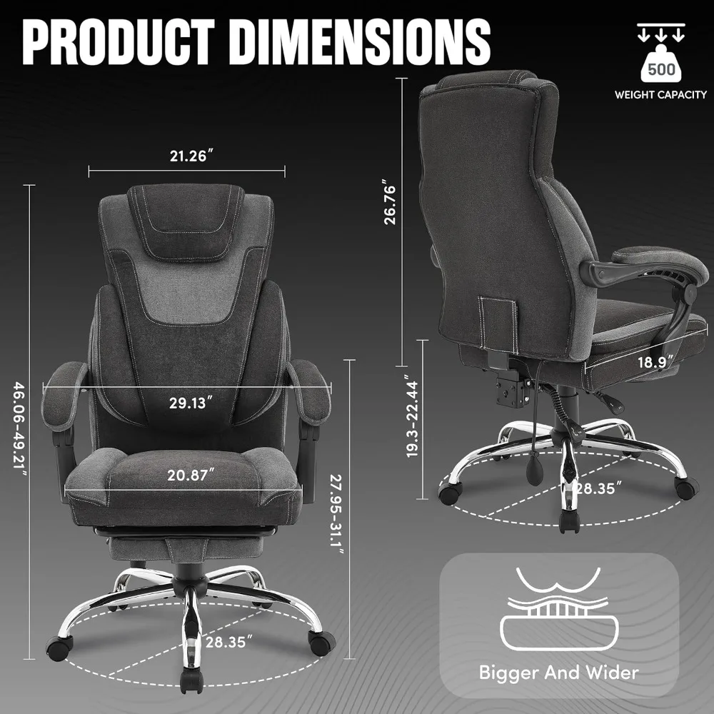 كرسي مكتب تنفيذي كبير وطويل مريح مع مسند للقدمين، مقعد عريض جدًا، دعم قطني قابل للتعديل لـ Comfortable High Bac