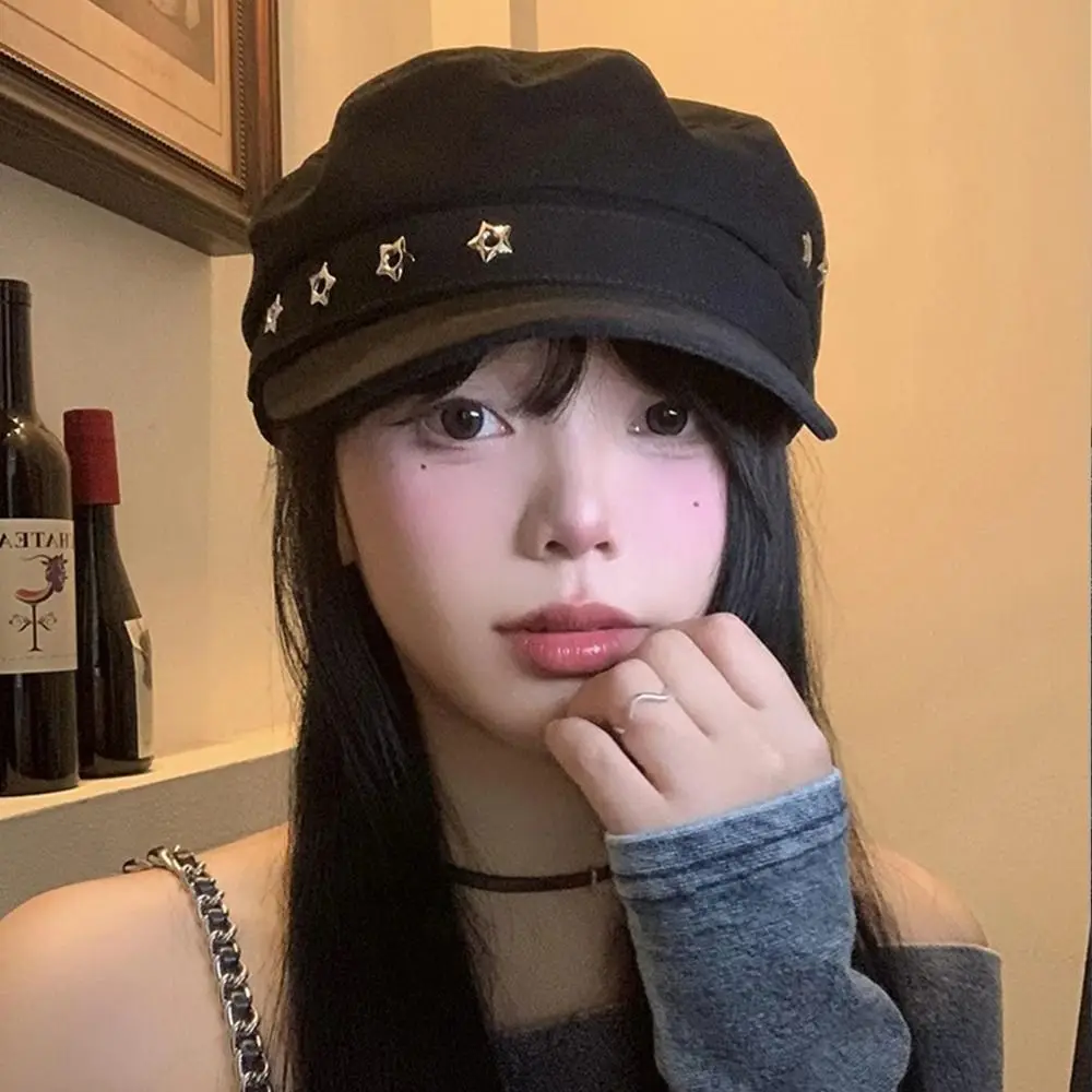 

Fashion Vintage Star Hole Berets Flat Top Versatile Octagonal Cap Women Black Newsboy Hats Ladies