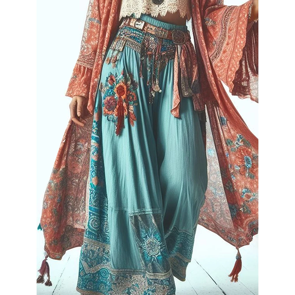 

Women Vintage Ethnic Pants Fashion Loose Floral Print Straight High Waist Wide Leg Long Pants Casual Vacation Harajuku Trousers