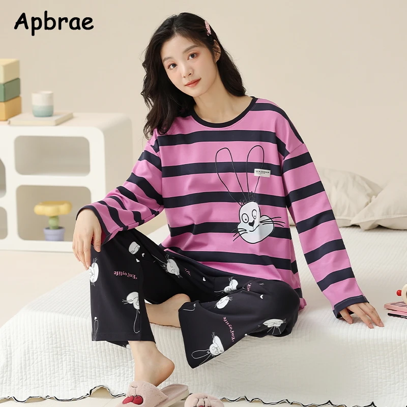 Cute Rabbit Print Cartoon Sleepwear Autumn Winter Woman Pajamas Set Pullover Long Sleeves Girl Homewear Lady Soft Loungewear