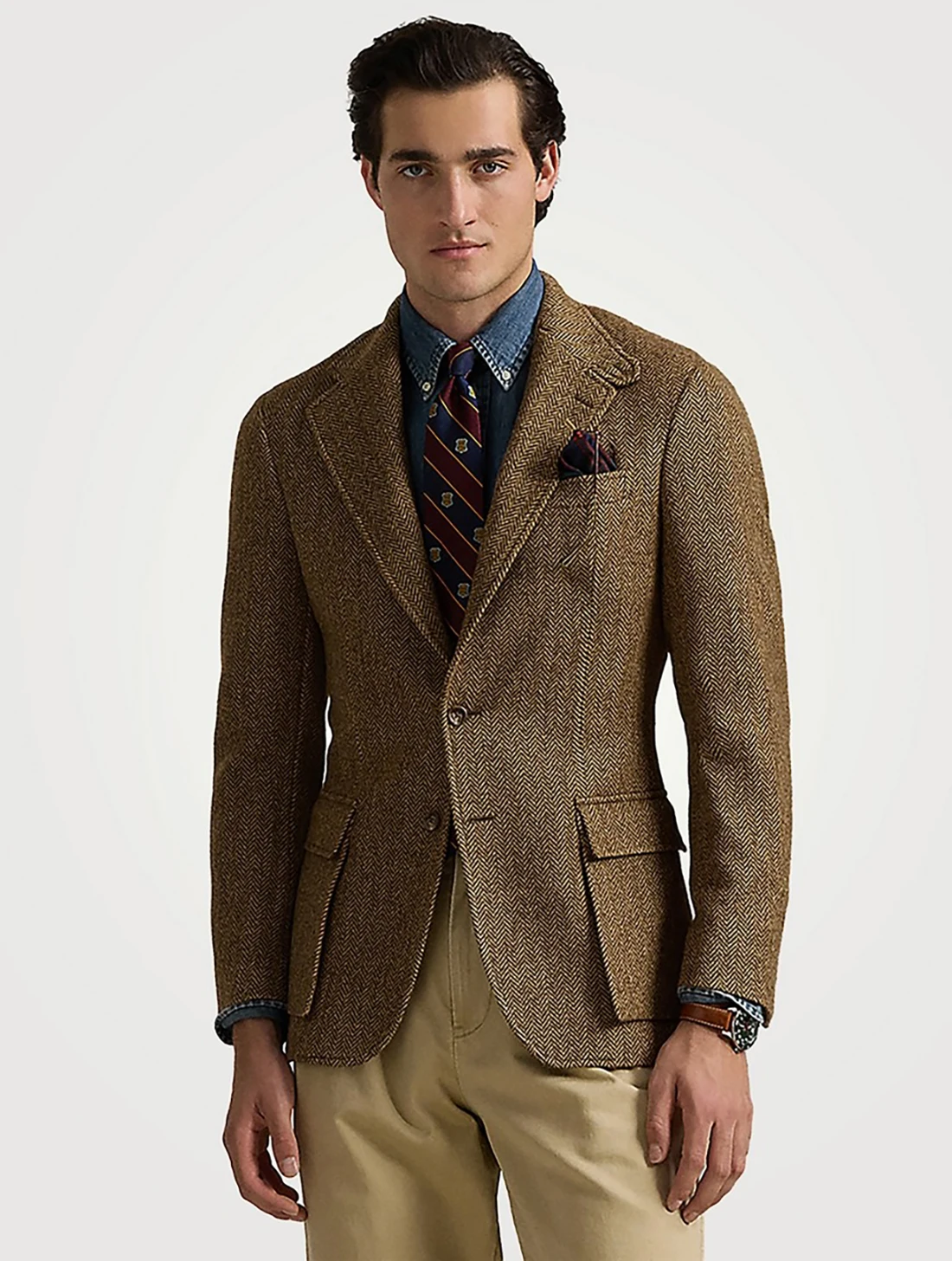 Classic Brown Herringbone Tweed Blazer with Notch Lapel and Flap Pockets Men Autumn Vintage Suit Jacket Customized M266626
