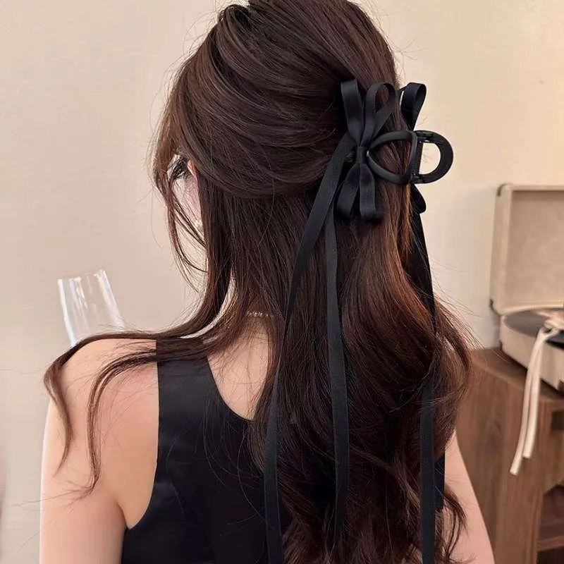 Fashion Black White Fabric Long Ribbon Bow Pearl Claw Clip Back Head Hair Clip Shark Clip Women New Frosted Hair Accessories