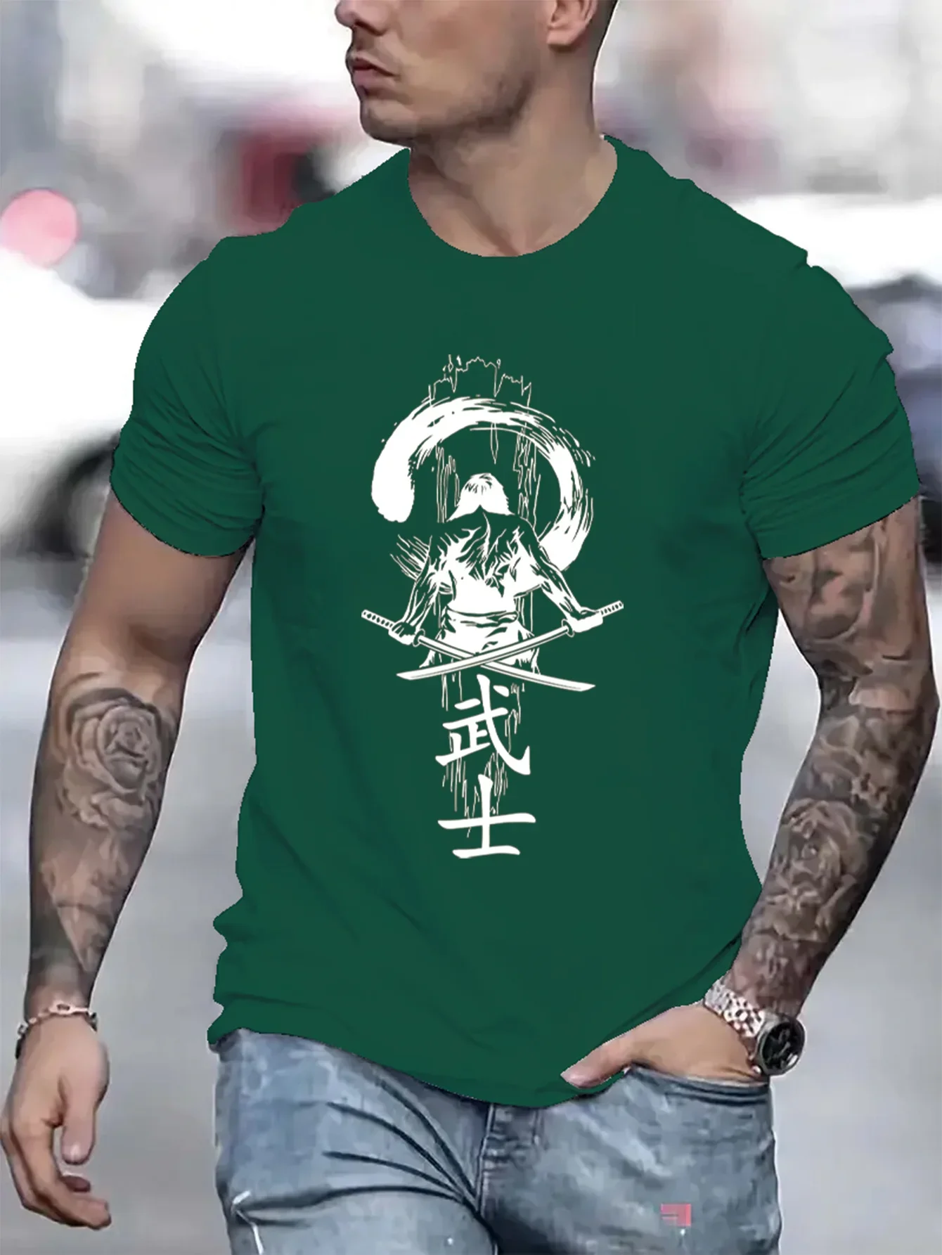Men's Kids Summer Cotton Fashionable Casual Sports Loose Japanese Samurai Pattern Printed Round Neck Short Sleeve T-shirt Top