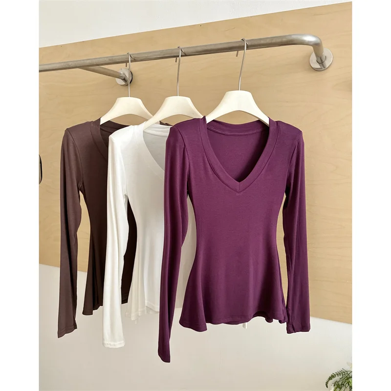 وسادة الكتف تصميم الرغبة النقية فتاة حار V-Ne قاعدة irt المرأة طويلة Sve ملابس داخلية الخريف جديد Sle Ele