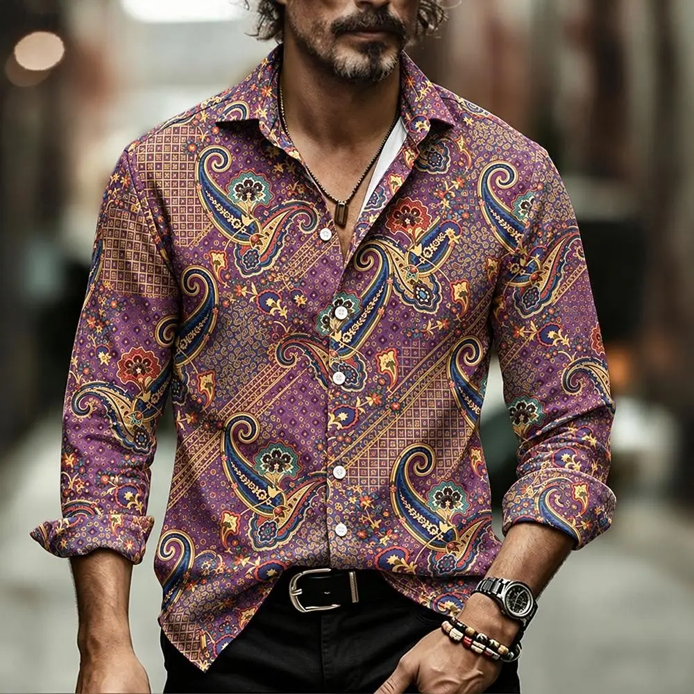Men Purple Paisley Cashew Floral Print Long Sleeve Shirt Lapel Button Casual Vintage Shirts